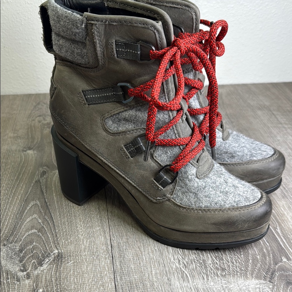 Gray and Red Lace Up Boots with Chunky Heel